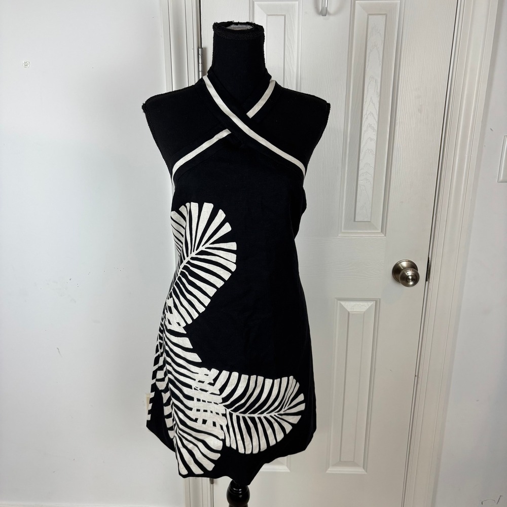 Ever New Paros‎ Palm Linen Blend Halter Mini Dress Black White Womens Sz 10 New